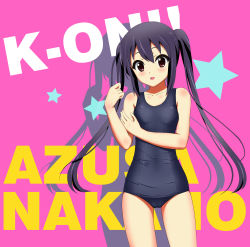 Rule 34 | 1girl, bad id, bad pixiv id, black hair, brown eyes, character name, copyright name, hair between eyes, highres, k-on!, long hair, nakano azusa, one-piece swimsuit, open mouth, oshou, pink background, school swimsuit, solo, swimsuit, twintails