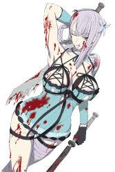 Rule 34 | 1girl, armpits, arms up, bandages, blood, breasts, cleavage, female focus, flower, fura, gloves, green eyes, hair ornament, kaine (nier), lingerie, long hair, nier, nier (series), nipples, one eye closed, pale skin, silver hair, simple background, solo, sword, tongue, underwear, weapon, white background, wink