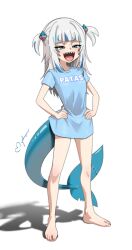 Rule 34 | 1girl, barefoot, blue hair, commentary, feet, fins, fish tail, full body, gawr gura, grey hair, half-closed eyes, hands on own hips, highres, hololive, hololive english, mmmalice, multicolored hair, open mouth, shadow, shark tail, sharp teeth, shirt, signature, smile, solo, streaked hair, t-shirt, tail, teeth, two side up, v-shaped eyebrows, virtual youtuber
