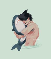 Rule 34 | 1boy, abs, artist name, bare arms, bare shoulders, beam (chainsaw man), black hair, chainsaw man, dorsal fin, gills, happy, highres, hug, lunarelles, male focus, open mouth, pale skin, shark boy, sharp teeth, short hair, smile, solo, solo focus, stuffed animal, stuffed toy, teeth, topless male, twitter username, watermark