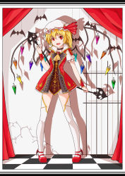 Rule 34 | 1girl, :d, alternate costume, ascot, bat (animal), blonde hair, brooch, checkered floor, choker, commentary request, curtains, fang, flandre scarlet, full body, hat, hat ribbon, highres, holding, jewelry, kaiyi, laevatein, legs apart, looking at viewer, mob cap, one side up, open mouth, pigeon-toed, puffy short sleeves, puffy sleeves, red eyes, red footwear, ribbon, shadow, shoes, short sleeves, smile, solo, standing, thighhighs, touhou, white thighhighs, wings, wrist cuffs, zettai ryouiki