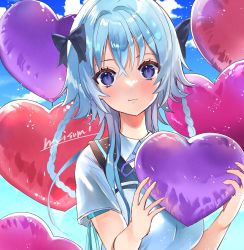Rule 34 | 1girl, :3, absurdres, aqua ribbon, arm ribbon, artist name, assault lily, balloon, black bow, black sailor collar, blue hair, blue sky, bow, braid, breasts, closed mouth, cloud, collared shirt, commentary request, crossed bangs, day, hair between eyes, hair bow, hands up, heart, heart balloon, heart in eye, highres, holding, holding balloon, kikikaikai (kikikaikai chan), light particles, long hair, looking at viewer, medium breasts, mori tatsuki, neck ribbon, outdoors, purple eyes, purple ribbon, ribbon, sailor collar, school uniform, serafuku, shirt, short sleeves, side braids, sidelocks, sky, smile, solo, symbol in eye, twin braids, upper body