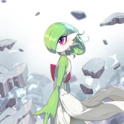 Rule 34 | 1girl, absurdres, arms at sides, back, blurry, blurry background, blush, bob cut, closed mouth, colored skin, cowboy shot, creatures (company), debris, drunkoak, female focus, flat chest, from side, game freak, gardevoir, gen 3 pokemon, green hair, green skin, grey background, hair over one eye, highres, light blush, multicolored skin, nintendo, one eye covered, pokemon, pokemon (creature), red eyes, shiny skin, short hair, solo, standing, two-tone skin, white skin