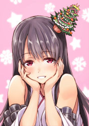 Rule 34 | 10s, 1girl, bare shoulders, black hair, blush, christmas tree, detached sleeves, fusou (kancolle), hands on own cheeks, hands on own face, highres, japanese clothes, kantai collection, long hair, looking at viewer, matsuryuu, red eyes, smile, solo