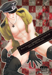 Rule 34 | 1boy, :q, abs, axis powers hetalia, bar censor, boots, bottomless, censored, cross-laced footwear, germany (hetalia), hat, lace-up boots, looking at viewer, male focus, marumari (neo5910), muscular, pectorals, tongue, tongue out
