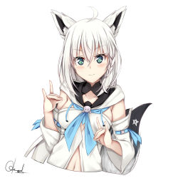 Rule 34 | 1girl, absurdres, ahoge, animal ear fluff, animal ears, aqua eyes, armpit crease, blue neckerchief, blush, braid, breasts, chrisandita, closed mouth, collarbone, commentary, cropped torso, detached collar, detached sleeves, double n/, fox ears, fox girl, fox shadow puppet, fox tail, hair between eyes, hand up, highres, hololive, hood, hood down, long hair, long sleeves, looking at viewer, medium breasts, \\n/, navel, neckerchief, shirakami fubuki, shirakami fubuki (1st costume), sidelocks, signature, simple background, smile, solo, star (symbol), tail, virtual youtuber, white background, white hair, wide sleeves