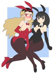 Rule 34 | 2girls, animal ears, armpit crease, arms at sides, ass, bare shoulders, black bow, black bowtie, black eyes, black footwear, black gloves, black hair, black hairband, black leotard, blonde hair, blue background, blush, bow, bowtie, breasts, brown pantyhose, brownish hare, cleavage, closed mouth, collar, commentary, covered navel, detached collar, ear piercing, elbow gloves, english commentary, fake animal ears, fake tail, flat color, flipped hair, from side, full body, furrowed brow, gloves, hair between eyes, hairband, high heels, highres, large breasts, leotard, light blush, light frown, long hair, looking at viewer, medium breasts, midair, mole, mole on breast, mole under eye, multicolored hair, multiple girls, original, pantyhose, piercing, playboy bunny, rabbit ears, rabbit tail, red bow, red bowtie, red eyes, red footwear, red gloves, red hairband, red leotard, sidelocks, simple background, strapless, strapless leotard, tail, tsurime, two-tone background, two-tone hair, wavy mouth, white background, white collar