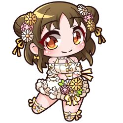 Rule 34 | 1girl, absurdres, bare shoulders, bouquet, breasts, brown eyes, brown hair, closed mouth, commentary request, double bun, dress, flower, full body, hair bun, hair flower, hair ornament, highres, holding, holding bouquet, large breasts, long hair, pink flower, princess connect!, saishosaisekojo, simple background, sleeveless, sleeveless dress, smile, solo, standing, standing on one leg, suzume (princess connect!), suzume (spring) (princess connect!), v arms, white background, white dress, white flower, yellow flower