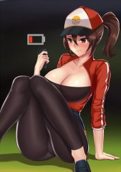 Rule 34 | 10s, 1girl, :t, baseball cap, battery, blush, braid, breasts, brown eyes, brown hair, cellphone, creatures (company), empty, female protagonist (pokemon go), game freak, hat, jacket, large breasts, leggings, nintendo, phone, pokemon, pokemon go, pout, red jacket, smartphone, solo, vanquice