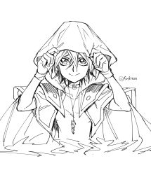 Rule 34 | cape, character request, closed mouth, collar, collarbone, commentary request, crossed bangs, fushitasu, gender request, greyscale, hair between eyes, hands up, hood, hood up, jewelry, monochrome, necklace, shirt, short hair, smile, upper body, yu-gi-oh!, yu-gi-oh! arc-v