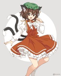 Rule 34 | 1girl, :d, animal ear fluff, animal ear piercing, animal ears, arm up, bow, bowtie, brown eyes, brown hair, cat ears, cat tail, chen, dress, earrings, fang, feet out of frame, frills, gold trim, grey background, hair between eyes, hand up, hat, iviavix, jewelry, juliet sleeves, long sleeves, looking at viewer, mob cap, multiple tails, nekomata, open mouth, puffy sleeves, red dress, short hair, simple background, single earring, skin fang, smile, solo, tail, touhou, two tails, white bow, white bowtie
