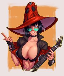 Rule 34 | 1girl, blue eyes, blunt bangs, bob cut, breasts, choker, cleavage, collarbone, commentary, electric guitar, fingernails, guilty gear, guilty gear strive, guitar, hat, heterochromia, highres, i-no, instrument, large breasts, lipstick, looking at viewer, makeup, mole, mole above mouth, nose, popped collar, red eyes, red hat, red lips, revealing clothes, short hair, solo, symbol-only commentary, upper body, valentina tavolilla, watermark, witch hat