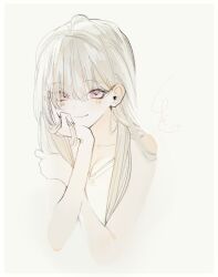Rule 34 | 1girl, archived source, bare shoulders, breasts, cleavage, cropped torso, fujimoto shiki, grey hair, head rest, honnryou hanaru, long hair, looking at viewer, medium breasts, original, pink eyes, simple background, sketch, smile, solo, upper body, white background