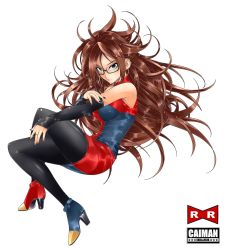 Rule 34 | 1girl, android 21, ankle boots, arm warmers, bare shoulders, big hair, black-framed eyewear, black nails, black pantyhose, blue eyes, boots, breasts, brown hair, caiman (artist), curly hair, dragon ball, dragon ball fighterz, dress, earrings, female focus, glasses, high heel boots, high heels, hoop earrings, jewelry, long hair, multicolored boots, multicolored clothes, multicolored dress, nail polish, pantyhose, red ribbon army, simple background, solo, white background