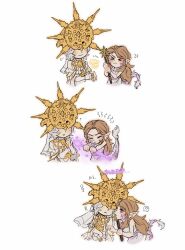 Rule 34 | 1boy, 1girl, :o, ?, absurdres, bare arms, bare shoulders, blush, brother and sister, brown hair, chibi, company captain yorshka, dark souls (series), dark souls i, dark souls iii, dark sun gwyndolin, dress, gold headwear, helmet, highres, holding, holding staff, long hair, magic, pointy ears, siblings, simple background, sleeping, speech bubble, staff, sweatdrop, tail, trap, white background, white dress, zunkome