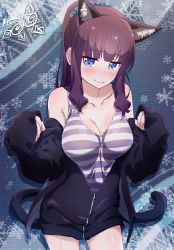 Rule 34 | 1girl, animal ear fluff, animal ears, black cardigan, blunt bangs, blush, breasts, brown hair, cardigan, cat ears, cat tail, cleavage, closed mouth, clothes down, collarbone, cowboy shot, embarrassed, hair ornament, highres, large breasts, long hair, long sleeves, makicha (sasurainopink), new game!, open cardigan, open clothes, partially unzipped, ponytail, shiny skin, solo, standing, striped tank top, tail, takimoto hifumi, tank top