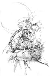 Rule 34 | 1girl, chain, female focus, flandre scarlet, greyscale, hat, katzeh, mob cap, monochrome, moon, solo, touhou, vampire, white background, wings
