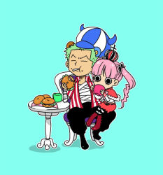 Rule 34 | 1boy, 1girl, animal ears, bandages, bear ears, black pants, blue background, boots, chair, crown, eating, green hair, hat, kumacy, kuraigana island, on lap, one piece, pants, perona, pink hair, red footwear, roronoa zoro, shirt, shoes, short cape, simple background, sitting, skirt, striped clothes, striped headwear, striped legwear, striped shirt, table, twintails