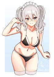 Rule 34 | 1girl, absurdres, alternate costume, bikini, black bikini, blue background, border, commentary request, cropped legs, enmaided, gradient background, grey eyes, grey hair, highres, kantai collection, kashima (kancolle), looking at viewer, maid, maid bikini, maid headdress, mochizou, sidelocks, solo, swimsuit, thighhighs, tsurime, twintails, two-tone background, two-tone bikini, unconventional maid, wavy hair, white border, white thighhighs