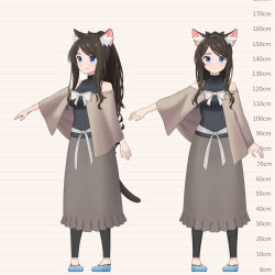 Rule 34 | 1girl, aina (mao lian), animal ear fluff, animal ears, black sweater, blue eyes, blue footwear, brown hair, capelet, cat ears, cat tail, closed mouth, grey capelet, grey skirt, height chart, highres, long hair, long skirt, looking at viewer, mao lian (nekokao), multiple views, navel, original, pigeon-toed, ribbed sweater, shoes, skirt, sleeveless, sleeveless sweater, smile, standing, sweater, tail