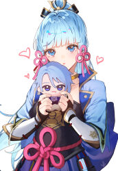 Rule 34 | 1girl, absurdres, armor, ayaka (genshin impact), blue eyes, blue hair, blue shirt, blunt bangs, blush, breastplate, bridal gauntlets, character doll, choker, commentary request, genshin impact, hair tubes, heart, highres, holding, kamisato ayato, long hair, looking at viewer, parted lips, shirt, shotgunman, simple background, solo, upper body, very long hair, white background