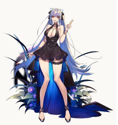 Rule 34 | 1girl, absurdres, alternate hairstyle, azur lane, bare shoulders, black dress, blue hair, bracelet, breasts, champagne flute, cleavage, cup, dress, drinking glass, essex (azur lane), essex (craft fairytail) (azur lane), full body, halter dress, halterneck, high heels, highres, hoe-l, holding, holding cup, jewelry, large breasts, long hair, looking at viewer, necklace, open mouth, simple background, sleeveless, sleeveless dress, smile, solo, standing, thigh strap, twintails, very long hair, white background