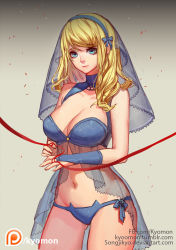 Rule 34 | 1girl, artist name, babydoll, bare shoulders, blonde hair, blue bow, blue eyes, blue gloves, blue panties, blush, bow, breasts, bridal gauntlets, cat ear panties, cleavage, cowboy shot, fingerless gloves, gloves, grey background, hair bow, hairband, holding, large breasts, league of legends, lips, long hair, lux (league of legends), midriff, navel, panties, see-through, side-tie panties, simple background, smile, solo, songjikyo, standing, stomach, string, string of fate, underwear, veil, watermark, web address