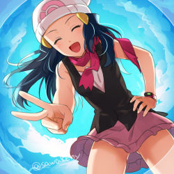 Rule 34 | 1girl, :d, bent over, blue hair, closed eyes, creatures (company), dangerously close upskirt, dawn (pokemon), floating hair, frilled skirt, frills, from below, game freak, gluteal fold, hair ornament, hairclip, hand on own hip, hat, kanimaru, long hair, miniskirt, nintendo, no panties, open mouth, pink skirt, poke ball print, pokemon, pokemon dppt, print headwear, skirt, sleeveless, smile, solo, thighs, twitter username, upskirt, white hat