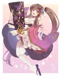 Rule 34 | 1girl, absurdly long hair, animal ears, aquaplus, blush, breasts, brown hair, dress, flower, flower on head, frilled sleeves, frills, full body, hair ornament, holding, holding weapon, kryutaware, large breasts, long hair, long sleeves, minagi (utawarerumono), open mouth, pantyhose, purple eyes, raised eyebrows, sandals, side ponytail, sidelocks, solo, utawarerumono, utawarerumono: lost flag, very long hair, weapon, white pantyhose, wide sleeves