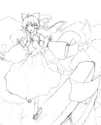Rule 34 | 1girl, arch, detached sleeves, female focus, full body, greyscale, hakurei reimu, lineart, long sleeves, looking at viewer, monochrome, satori, satori (transient wind), simple background, solo, torii, touhou, twintails, white background