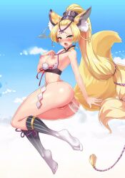 Rule 34 | 1boy, 1girl, anal, animal ears, animated, animated gif, ass, blonde hair, bouncing breasts, breasts, cloud, fox ears, fox girl, fox tail, hetero, large breasts, mina (project qt), nipples, outdoors, project qt, sex, sky, tail, yellow eyes