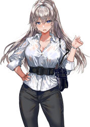 Rule 34 | 1girl, belt, black belt, black pants, blue eyes, blush, bracelet, breasts, collared shirt, commentary request, cowboy shot, crossed bangs, grey hair, hand on own hip, hand up, highres, jewelry, large breasts, long hair, long sleeves, looking at viewer, open mouth, original, pants, ponytail, ran&#039;ou (tamago no kimi), shirt, simple background, solo, white background, white shirt