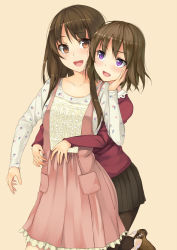 Rule 34 | 2girls, :d, ankle boots, arms around waist, black legwear, blush, boots, brown eyes, brown hair, collarbone, dress, floral print, frilled dress, frills, hand on another&#039;s cheek, hand on another&#039;s face, lace, lace-trimmed collar, lace trim, leg lift, long hair, looking at another, multiple girls, open mouth, original, pantyhose, pleated dress, pleated skirt, purple eyes, short hair, simple background, skirt, smile, sweater, unasaka ryou, yellow background, yuri