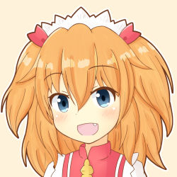 Rule 34 | 1girl, blue eyes, fang, headdress, loli danshaku, looking at viewer, neckerchief, open mouth, orange hair, outline, portrait, short hair, simple background, smile, solo, sunny milk, touhou, two side up, white outline, yellow background, yellow neckerchief