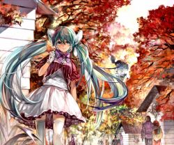 Rule 34 | 1girl, biiji, bow, bowtie, canada, gloves, hatsune miku, house, leaf, long hair, looking at viewer, outdoors, skirt, smile, solo, thighhighs, tree, very long hair, vocaloid, zettai ryouiki