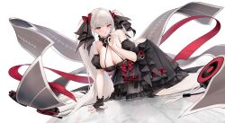 Rule 34 | 1girl, :o, artist request, azur lane, bare shoulders, black bow, black bowtie, black dress, black footwear, black gloves, bow, bowtie, breasts, character name, cleavage, copyright name, copyright notice, dress, formidable (azur lane), formidable (muse) (azur lane), frilled dress, frills, full body, gloves, grey hair, hair bow, high heels, large breasts, layered dress, long hair, pantyhose, reaching, reaching towards viewer, red bow, red eyes, royal navy emblem (azur lane), see-through, see-through dress, single glove, solo, speaker, stage, stage lights, twintails, very long hair, white pantyhose