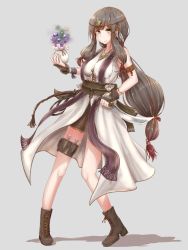 Rule 34 | armlet, boots, brown footwear, brown hair, caravan stories, cross-laced footwear, feather hair ornament, feathers, fingerless gloves, full body, glint, gloves, green eyes, grey background, hair ornament, highres, holding, holding sword, holding weapon, jewelry, kunai, lace-up boots, long hair, looking at viewer, low-tied long hair, necklace, pouch, raayu (0u rayu), smile, solo, standing, sword, thigh strap, very long hair, weapon, whip