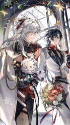 Rule 34 | 2boys, alcohol, alternate costume, black gloves, black hair, blade (honkai: star rail), closed mouth, cup, drinking glass, earrings, flower, formal, gloves, grey hair, hair between eyes, highres, holding, honkai: star rail, honkai (series), jewelry, jing yuan, long hair, long sleeves, looking at viewer, male focus, multiple boys, ponytail, red eyes, s (olath), smile, stuffed toy, suit, wine, wine glass, yellow eyes
