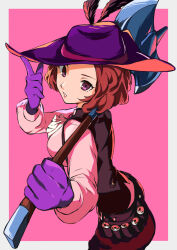 Rule 34 | 1girl, ascot, axe, battle axe, black feathers, border, brown hair, commentary, feathers, gloves, hat feather, highres, holding, holding axe, holding weapon, looking at viewer, okumura haru, outside border, parted lips, pekeponn, persona, persona 5, pink background, purple eyes, purple gloves, purple headwear, short hair, simple background, solo, weapon, white ascot, white border