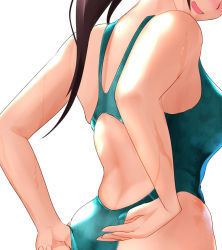 Rule 34 | 1girl, adjusting clothes, adjusting swimsuit, arms behind back, bad id, bad pixiv id, blush, brown hair, competition swimsuit, female focus, hand under clothes, hand under swimsuit, highleg, looking at viewer, looking back, nose, ocha (greentea-time), one-piece swimsuit, open mouth, original, smile, solo, swimsuit, white background