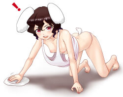 Rule 34 | !, 1girl, absurdres, accidental exposure, all fours, alternate costume, animal ears, barefoot, big mouse, blush, breast slip, breasts, brown hair, cleaning, commentary, fingernails, floppy ears, full body, hair between eyes, highres, inaba tewi, looking at viewer, medium bangs, nail polish, nipples, open mouth, panties, pink nails, pink panties, rabbit ears, rabbit girl, rabbit tail, rag, red eyes, round teeth, short hair, simple background, small breasts, smile, solo, symbol-only commentary, tail, tank top, teeth, toenail polish, toenails, touhou, underwear, upper teeth only, wavy hair, white background, white tank top