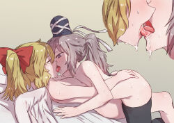 Rule 34 | 2girls, black headwear, blonde hair, blue eyes, bow, breasts, breasts squeezed together, commission, commissioner upload, completely nude, drooling, french kiss, gengetsu (touhou), grey hair, hair bow, hand on another&#039;s back, hat, heart, heart-shaped pupils, highres, kiss, mononobe no futo, multiple girls, nude, on bed, ponytail, red bow, saliva, senmura, simple background, skeb commission, small breasts, sweat, sweatdrop, symbol-shaped pupils, tate eboshi, thighhighs, tongue, tongue out, touhou, touhou (pc-98), white wings, wings, yuri