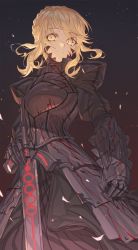 Rule 34 | 1girl, armor, armored dress, artoria pendragon (all), artoria pendragon (fate), black background, blonde hair, braid, breastplate, commentary request, excalibur morgan (fate), eyes visible through hair, fate/stay night, fate (series), gauntlets, hair bun, highres, hxxg, looking at viewer, saber alter, simple background, single hair bun, solo, standing, sword, weapon, yellow eyes
