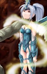 Rule 34 | 1girl, armor, beimei, blue hair, boots, defeat, detached sleeves, drooling, female focus, headband, image sample, leotard, melbu frahma, meru (dragoon), pixiv sample, ponytail, red eyes, saliva, strangling, sweat, the legend of dragoon, thigh strap, wingly, wings
