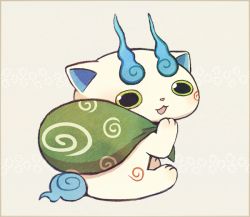 Rule 34 | 10s, ayu (mog), furoshiki, komasan, looking at viewer, looking back, no humans, revision, simple background, sitting, solo, traditional youkai, youkai watch