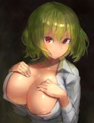 Rule 34 | 1girl, areola slip, breasts, cleavage, collarbone, covered erect nipples, female focus, green hair, hands on own chest, huge breasts, kazami yuuka, kazo (kazozakazo), large breasts, long sleeves, looking at viewer, open clothes, open shirt, red eyes, see-through, shirt, smile, solo, touhou
