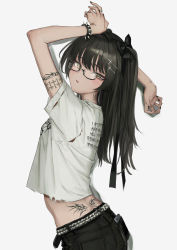 Rule 34 | 1girl, absurdres, arm tattoo, back tattoo, belt, black-framed eyewear, black bow, black hair, black nails, black pants, blouse, blush, bow, bracelet, breasts, cellphone, cowboy shot, cross hair ornament, fingernails, from side, gishiki (gshk), glasses, green eyes, hair bow, hair ornament, hairclip, hand up, hands up, highres, jewelry, long hair, looking at viewer, multiple rings, nail polish, neck tattoo, original, pants, parted lips, phone, ring, semi-rimless eyewear, shirt, short sleeves, simple background, small breasts, smartphone, solo, spiked bracelet, spikes, standing, studded belt, tattoo, torn clothes, torn sleeves, two side up, under-rim eyewear, white background, white shirt