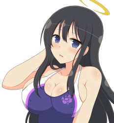 Rule 34 | 10s, 1girl, arm behind head, bare shoulders, black hair, blue eyes, blush, breasts, cleavage, collarbone, covered erect nipples, halo, ichiryuu tsumiki, large breasts, long hair, looking at viewer, one-piece swimsuit, parted lips, ryouki (senran kagura), school swimsuit, senran kagura, senran kagura estival versus, solo, swimsuit, upper body, white background
