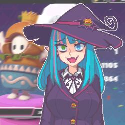 Rule 34 | 1girl, black hat, blonde hair, blue eyes, blue hair, breasts, collared shirt, fall guy, fall guys, fang, green eyes, hat, hcnone, large breasts, long hair, looking at viewer, multicolored hair, open mouth, original, pink hair, pixel art, pointy ears, shirt, skin fang, smile, solo, streaked hair, upper body, virtual youtuber, white shirt, witch, witch hat