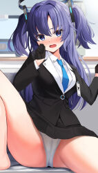 Rule 34 | 1girl, blue archive, blue eyes, blue necktie, blush, breasts, cameltoe, embarrassed, gloves, halo, id card, indoors, jacket, knee up, long hair, long sleeves, looking at viewer, mechanical halo, medium breasts, necktie, nose blush, open mouth, panties, parted bangs, purple eyes, purple hair, shirt, sitting, skirt, solo, spread legs, tsuseki, two-sided fabric, two-sided jacket, two side up, underwear, wavy mouth, white panties, white shirt, yuuka (blue archive)
